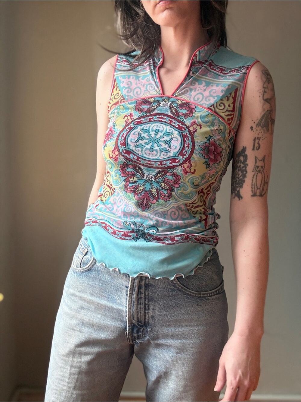 Vintage Y2K Mesh Tank Top | ANAC Pastel Fairy Grunge Floral Sleeveless Top | S